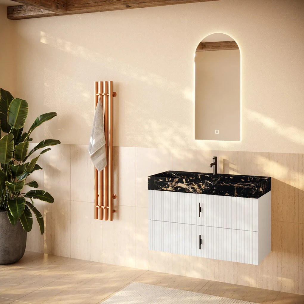 Muebles Murcia badmeubel ribbelfront 100cm wit mat met Portoro Gold wastafel met kraangat