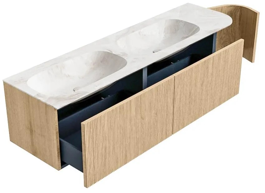 Mondiaz Kurve-dlux 165cm badmeubel ronding rechts oak met 2 lades en 1 deur en wastafel stor small dubbel/links zonder kraangat frappe