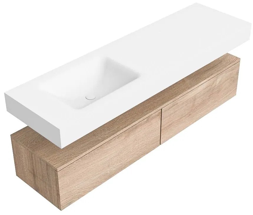 Zaro Alan badmeubel 160cm washed oak 2 lades met vrijhangende wastafel cloud links 1 kraangat talc