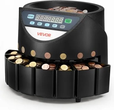 VEVOR muntenteller, muntensorteerder, muntentelmachine, geautomatiseerd tellen van munten, 8 coupures, sorteert tot 147 munten per minuut met led-display, soepele werking, batchverwerking van 850 munten.