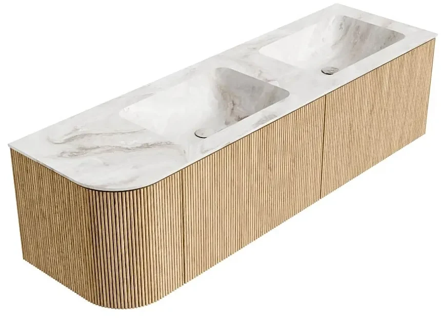 Mondiaz Kurve-dlux 155cm badmeubel ronding links oak met 2 lades en 1 deur en wastafel leaf dubbel/rechts zonder kraangat frappe