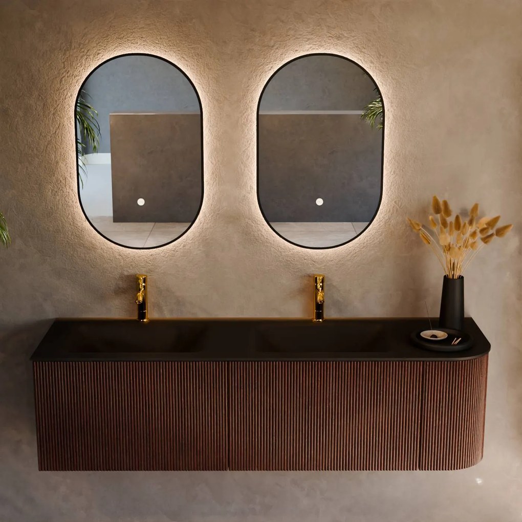 Mondiaz Kurve 155cm badmeubel ronding rechts ruby met 2 lades en 1 deur en wastafel cloud dubbel/links 2 kraangaten urban