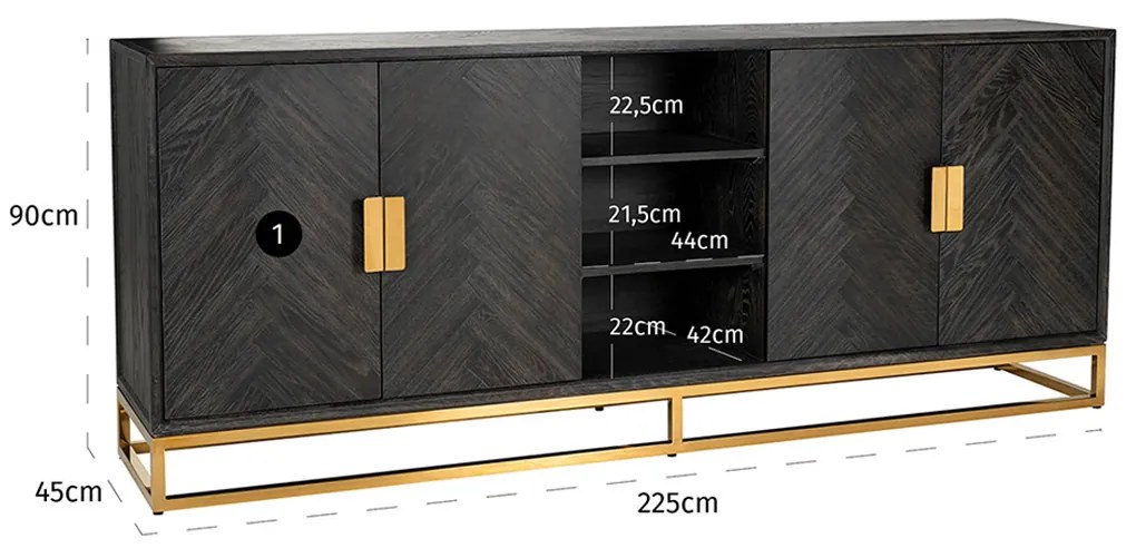 Richmond Interiors Blackbone Gold Groot Dressoir Zwarte Visgraat Met Goud - 225x45x90cm.