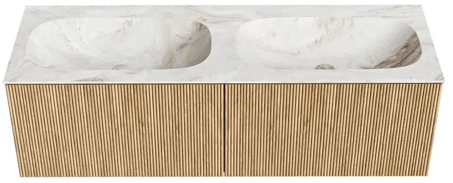 Mondiaz Kurve-dlux 140cm badmeubel oak met 2 lades en wastafel stor small dubbel zonder kraangat frappe
