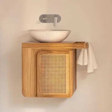 Georgy Zwevend Badkamermeubelset 60x40 Cm In Teakhout Teakhout & Rond Cement Wit Ø40 Cm Zavion & Spiegelloze & Geborsteld Grijs Ingebed Met Aftapkraan