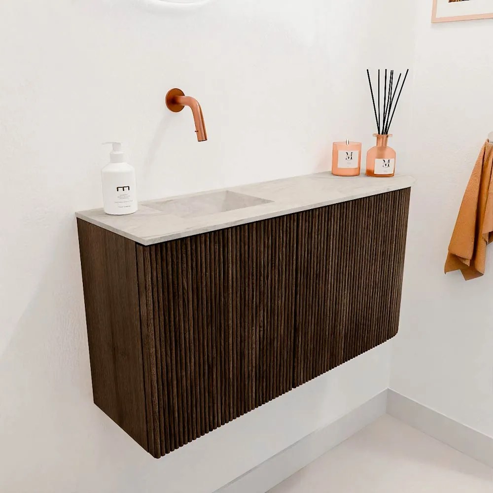 Mondiaz Joya DLux 80cm toiletmeubel ronding rechts walnut met wastafel faye links zonder kraangat ostra