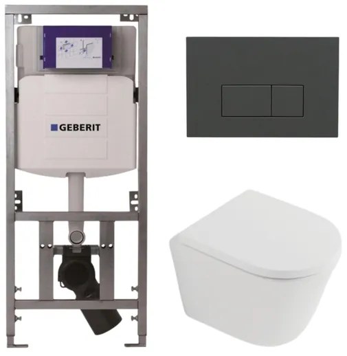 QeramiQ Dely Toiletset - 36.3x51.7cm - diepspoel - rimless - Geberit UP320 inbouwreservoir - softclose toilet zitting 35 mm - bedieningsplaat antraciet mat - rechthoekige knoppen - mat wit SW1026254/SW1000767/0701131/SW1102377