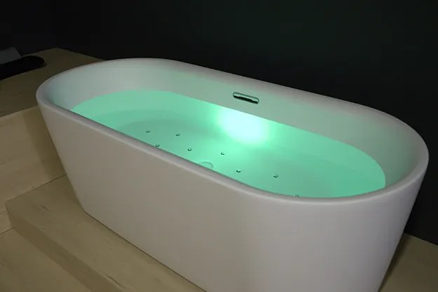 Riho Desire half vrijstaand bubbelbad sparkle mood links 170x77cm wit glans met LED-strip en Fall overloop