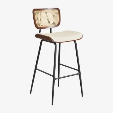 Hoge Kruk In Hout, Rotan En Raysa-kunstleer Donker Hout & ↑75 Cm & Kunstleren Gebroken Wit - Sklum
