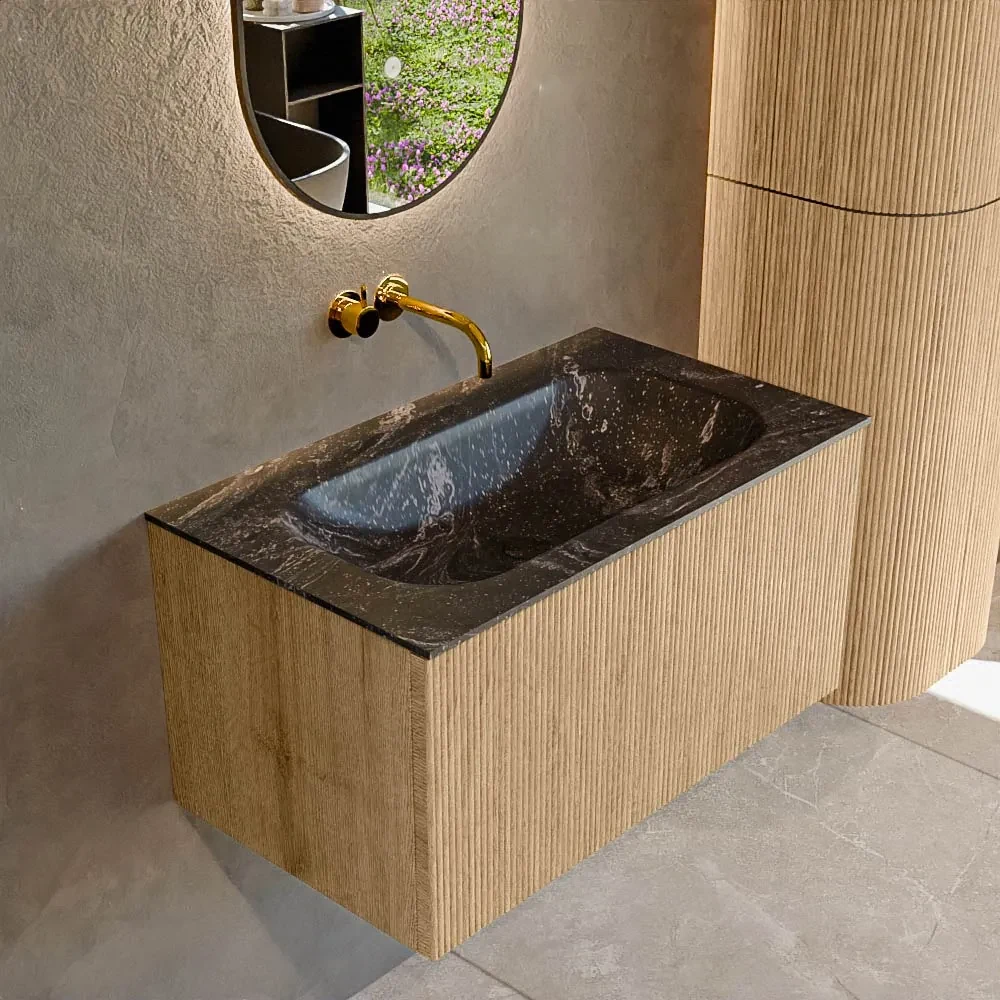 Mondiaz Kurve-dlux 80cm badmeubel oak met 1 lade en wastafel big small midden zonder kraangat lava