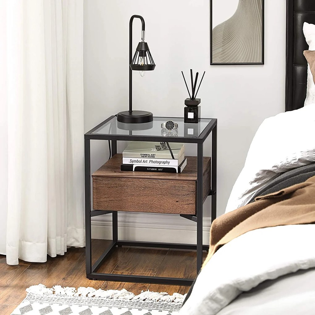 Nancy's Pullman Bijzettafel Met Glasplaat - Nachtkastje met Lade - Nachtkastjes - Industrieel - 43 x 43 x 54 cm