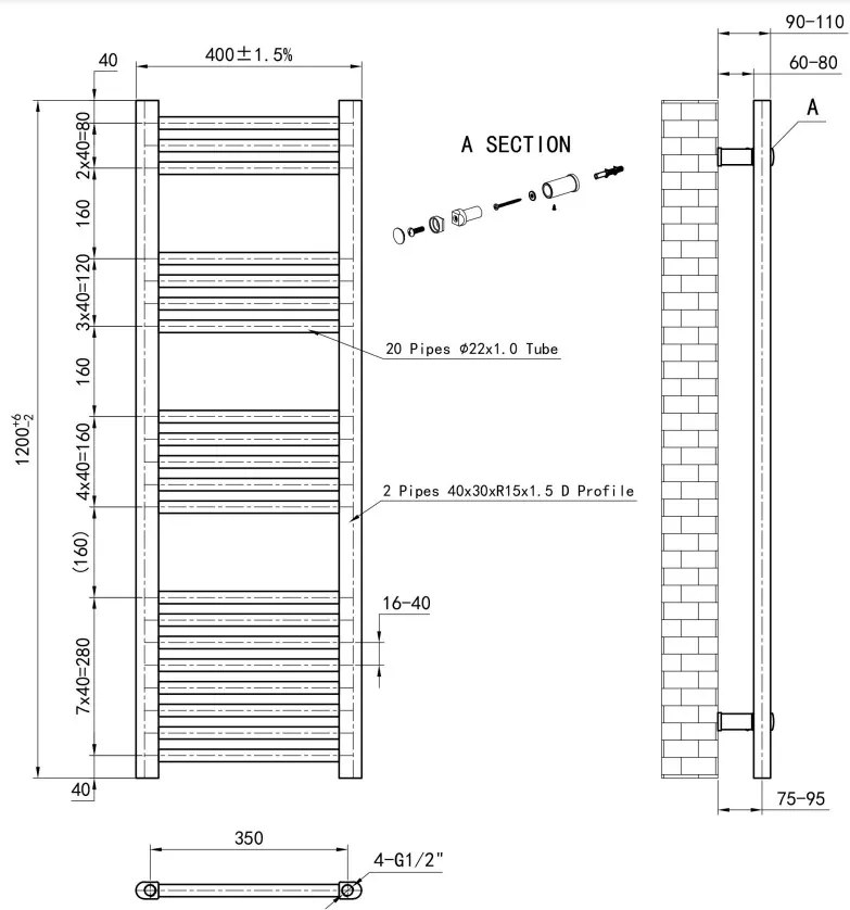 Eastbrook Wendover handdoekradiator 40x120cm 379W messing geborsteld