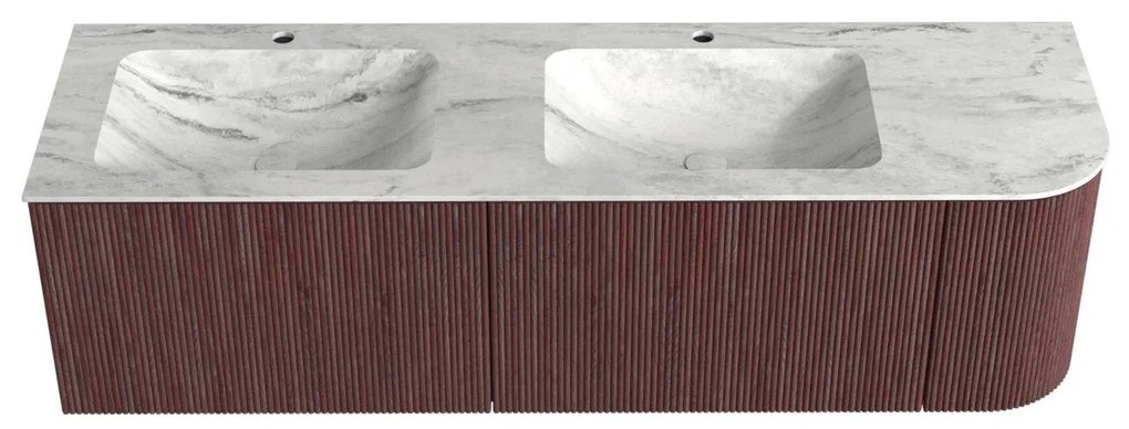 Mondiaz Kurve-dlux 155cm badmeubel ronding rechts ruby met 2 lades en 1 deur en wastafel leaf dubbel/links 2 kraangaten opalo