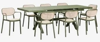 Uitschuifbare Rechthoekige Eettafelset Karena 180-240x90 Cm Met 8 Stapelbare Eetkamerstoelen Omara Met Armleuningen Groen – Intens Olijf - Sklum