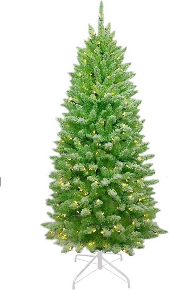 Funky Green Flocked verlichte kunstkerstboom - 183 cm - Lichtgroen geflockt - Diameter 91 cm - 709 tips - 300 ledlampjes (warm wit) - Besneeuwd/Frosted - Metalen voet