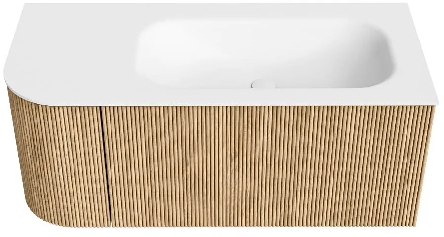 Mondiaz Kurve 105cm badmeubel ronding links oak met 1 lade en deur en wastafel big small rechts zonder kraangat