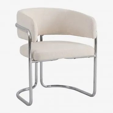 Zantria Gestoffeerde Eetkamerstoel Met Armleuningen En Ijzeren Frame Chenille Crèmebeige - Sklum