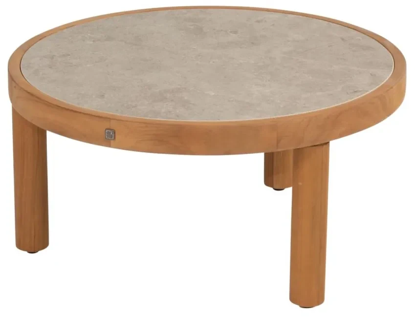 4 Seasons Outdoor Finn loungetafel teak met keramisch blad Ø 63 cm (H 32 cm) Loungetafel beige weerbestendig