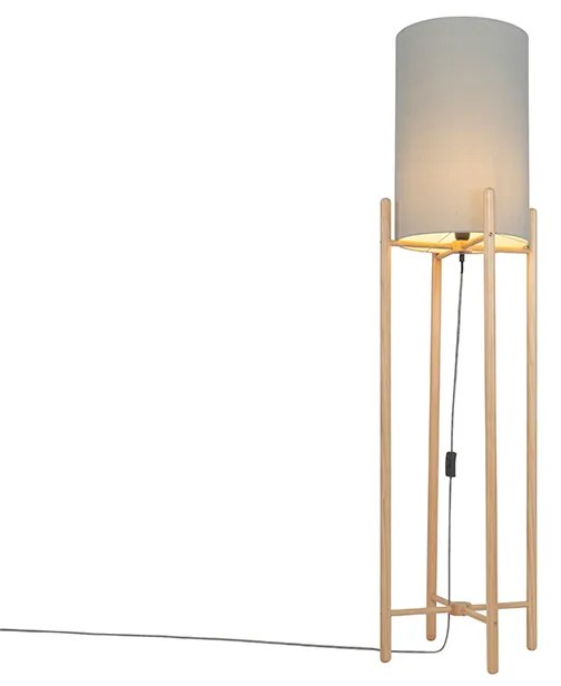 Stoffen Landelijke vloerlamp hout met grijze kap - Lengi Landelijk E27 cilinder / rond Binnenverlichting Lamp