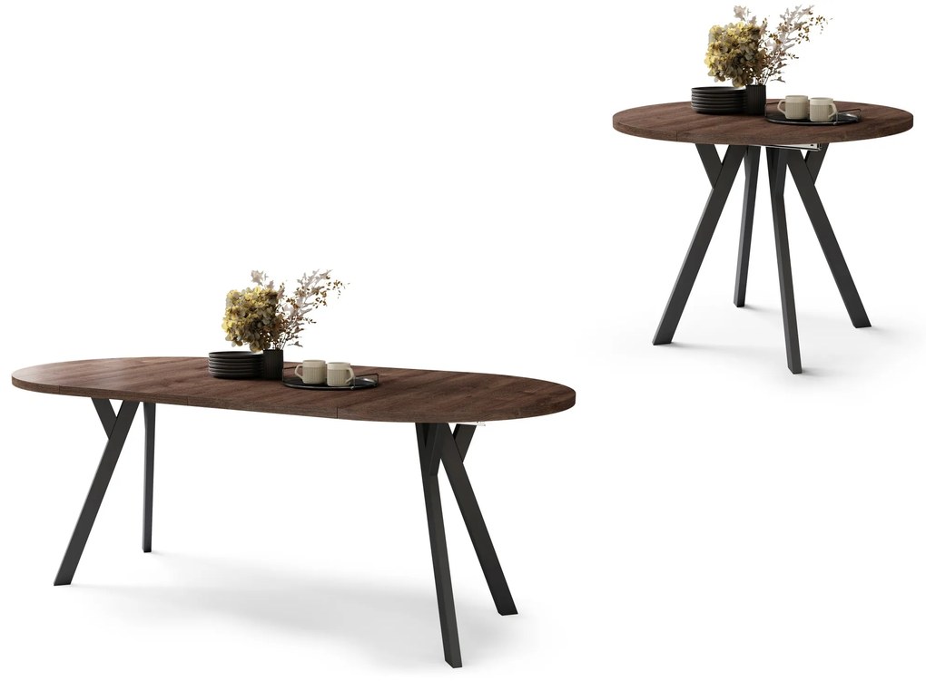 ALMO 100 Eiken Bruin/Zwarte poten - RONDE LOFT/INDUSTRIËLE TAFEL VOOR WOONKAMER/EETKAMER, UITSCHUIFBAAR