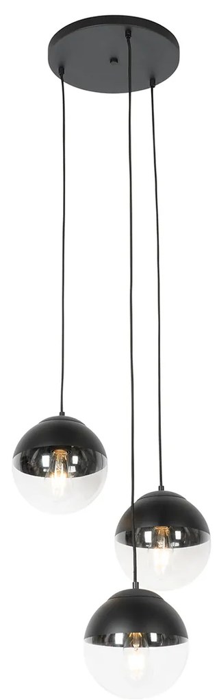 Retro hanglamp zwart met helder glas rond 3-lichts - Eclipse