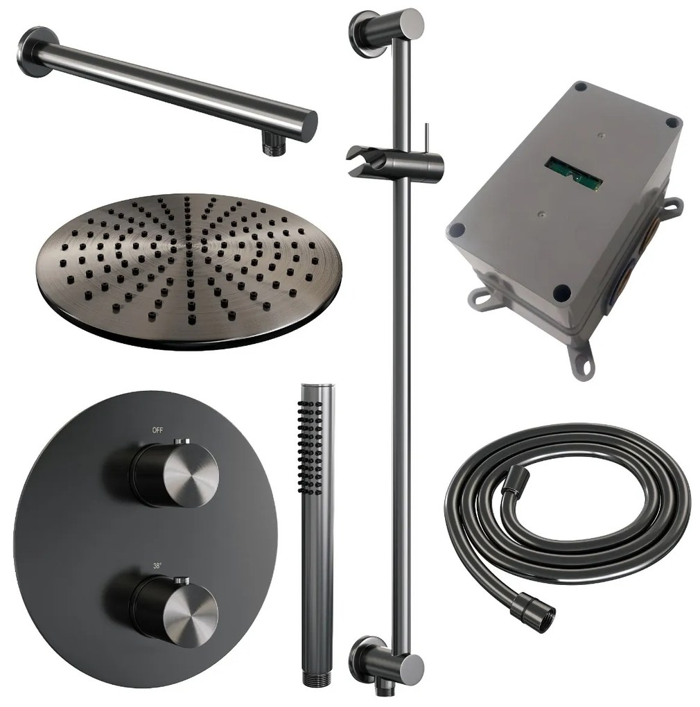 Brauer Gunmetal Edition thermostatische inbouw regendouche met staafhanddouche, rechte muurarm, glijstang en hoofddouche 30cm set 86 gunmetal geborsteld PVD