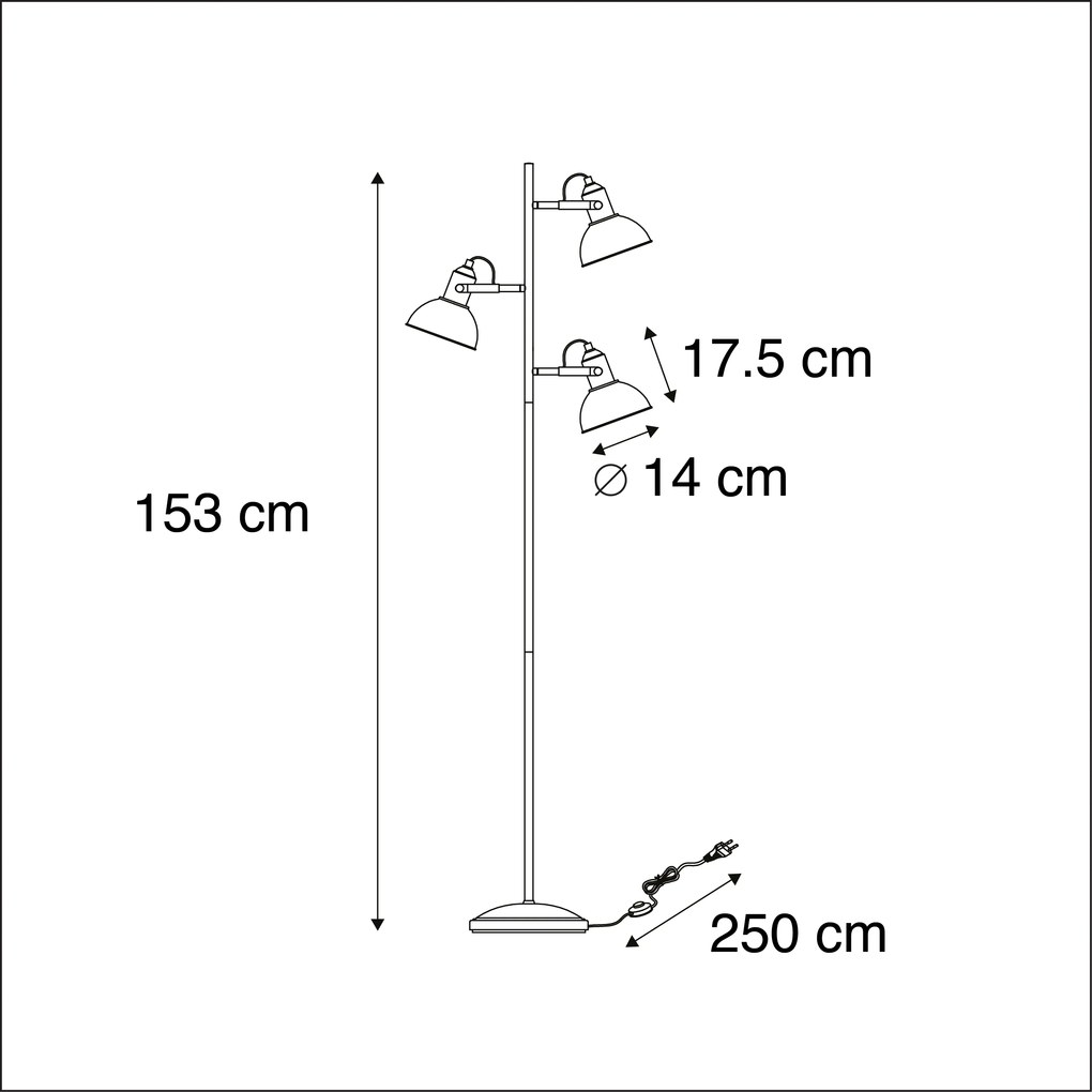 Industriële vloerlamp zwart met goud 3-lichts - Tommy Industriele / Industrie / Industrial E14 rond Binnenverlichting Lamp