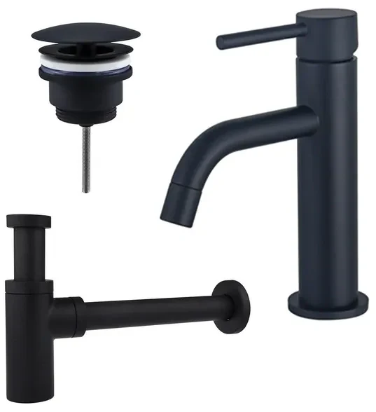 Fortifura Calvi Slim Wastafelkraanset - lage wastafelkraan - always open plug - design sifon - Mat zwart SW377835/SW696205/SW696210