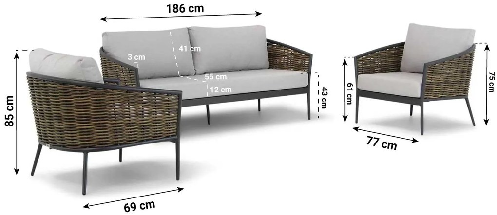 Stoel en Bank Loungeset 4 personen Wicker Grijs  Coco Coco Lanai