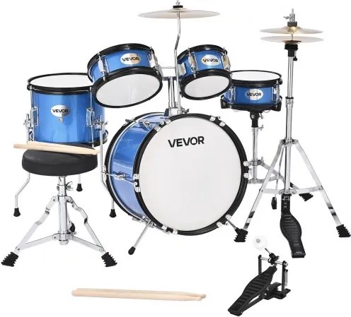 VEVOR 5-delige drumset, 14" basdrum, 8" snaredrum, 6" &amp; 8" tomtoms, 10" floortom, 10" crashbekken, 8" hihat met standaard, voor kinderen van 6-13 jaar (blauw)