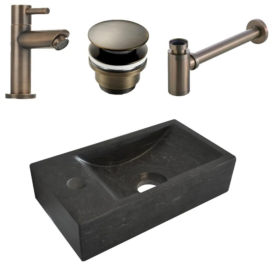 Mueller Small natuursteen fonteinset links met verouderd messing kraan en toebehoren