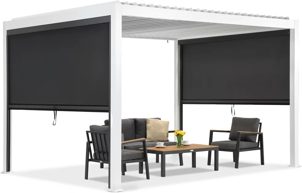 Lagos 3x4 vrijstaande terraspergola met 3 m lange Garden Point witte en antraciet zijrolluiken