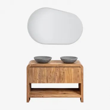 Vacry Acaciahouten Badkamermeubelset Acacia Bruin & 2 X Ronde Grijze Cement Ø40 Cm Tarsis & Ovaal Led En Anticondens 120x80 Cm Meunier & Zonder -