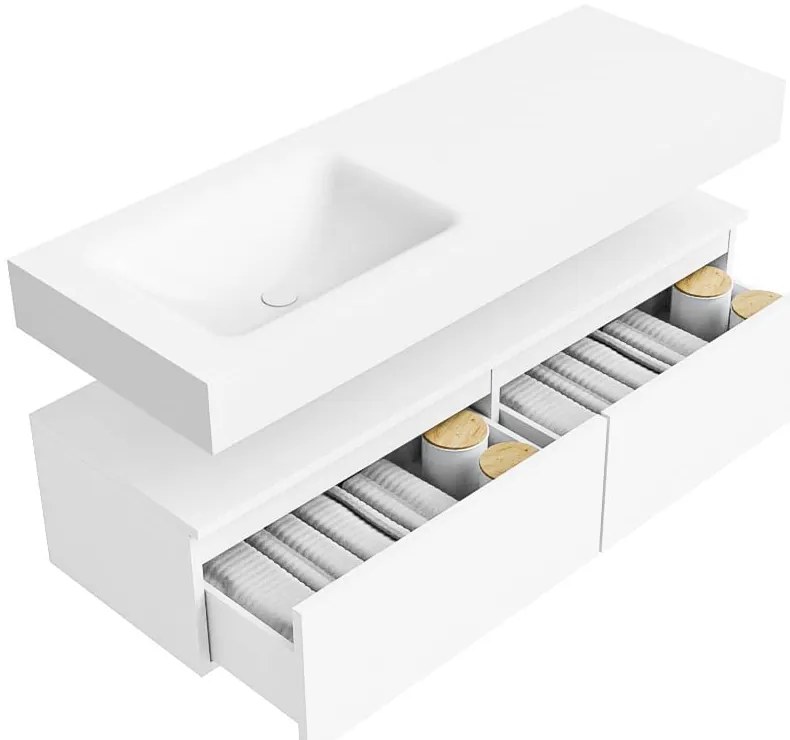 Zaro Alan badmeubel 130cm talc 2 lades met vrijhangende wastafel cloud links 1 kraangat talc