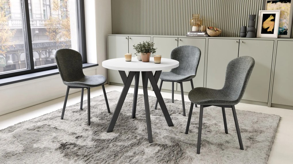 ALMO 80 Mat Wit / zwarte poten – ronde tafel met Y-poten, loft/industrieel voor keuken, woonkamer en eetkamer