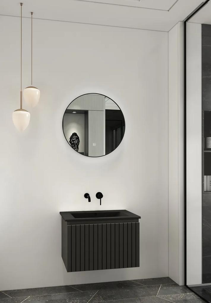 Fontana Lento zwart badmeubel ribbelfront 60cm met zwarte wastafel zonder kraangat en ronde spiegel