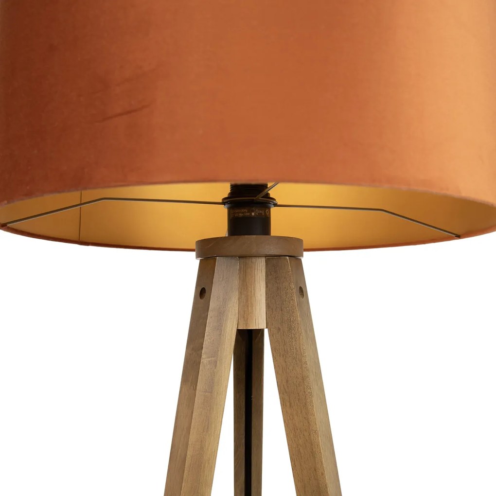 Vloerlamp hout met kap oranje een gouden binnenkant 50cm - Tripod Classic