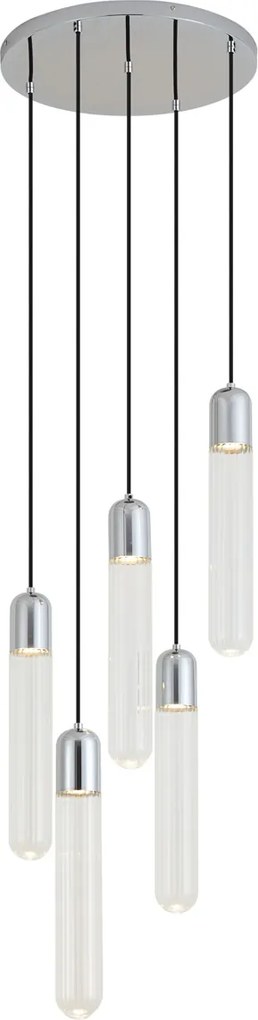Design hanglamp chroom met ribbelglas 5-lichts - Walcott