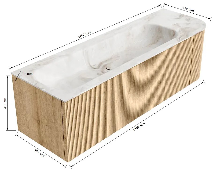 Mondiaz Kurve-dlux 145cm badmeubel ronding rechts walnut met 1 lade en deur en wastafel big large kraangat links ostra