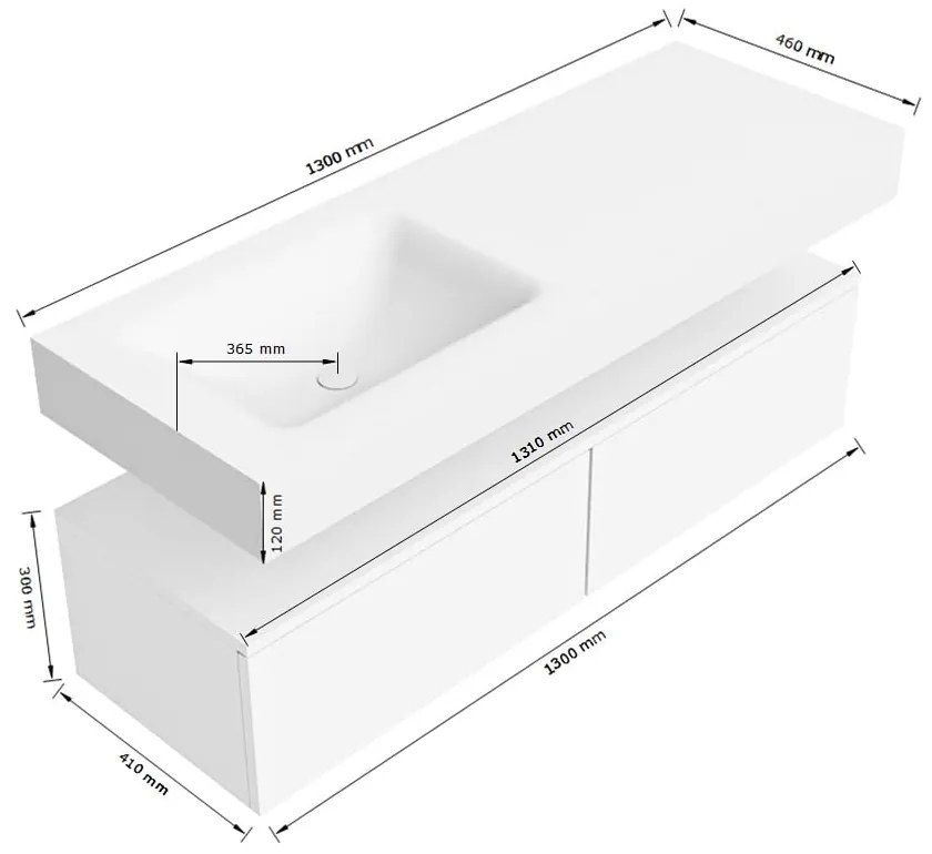 Zaro Alan badmeubel 130cm sand met 2 lades en vrijhangende wastafel links zonder kraangat wit mat