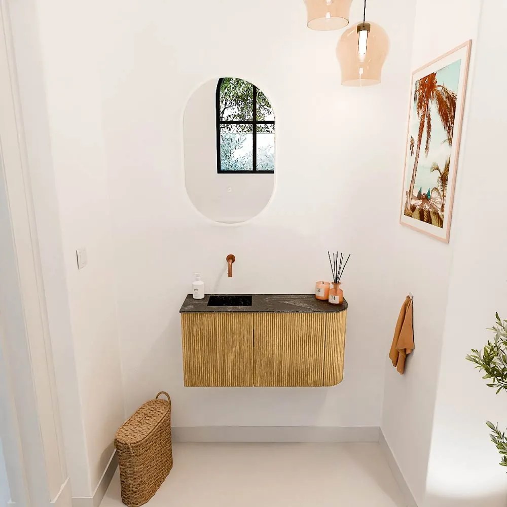 Mondiaz Joya DLux 80cm toiletmeubel ronding rechts oak met wastafel faye links zonder kraangat lava