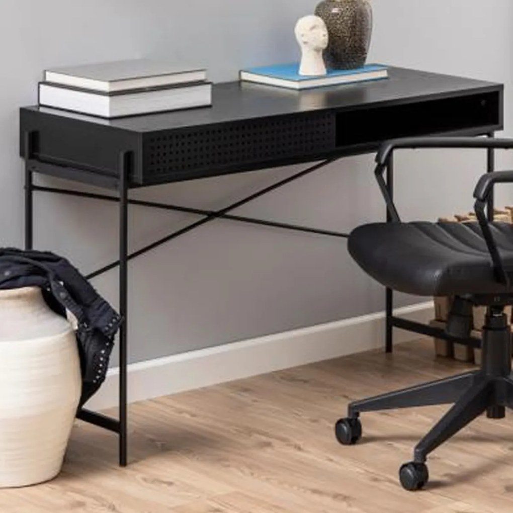 Compact Bureau Zwart Met Opbergruimte - 110 X 50cm.
