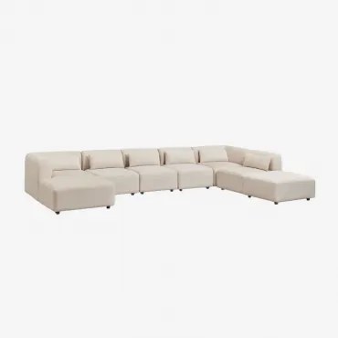 6-delige Modulaire Linker Chaise Longue Bank Met Poef Fogler Linnen Fluweel Linnenbeige - Sklum