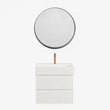 Ona Zwevend Badkamermeubelset Van Hout En Essenfineer Met Geïntegreerde Wastafel Wit & Round Led And Antifog Zwart Ø80 Cm Kimacs - Sklum