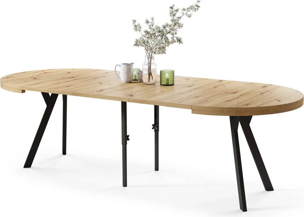 EXPANSO Eik Artisan/zwarte poten - GROTE RONDE TAFEL Ø110 UITBREIDBAAR TOT 310 cm met Y-POTEN LOFT/INDUSTRIAL