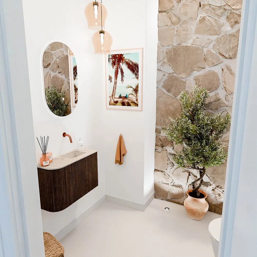 Mondiaz Joya DLux 60cm toiletmeubel ronding links walnut met wastafel faye rechts zonder kraangat frappe