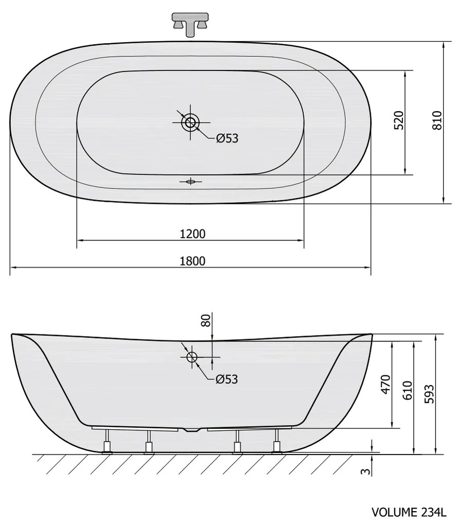 Polysan Zasu vrijstaand bad 180x81x58cm wit