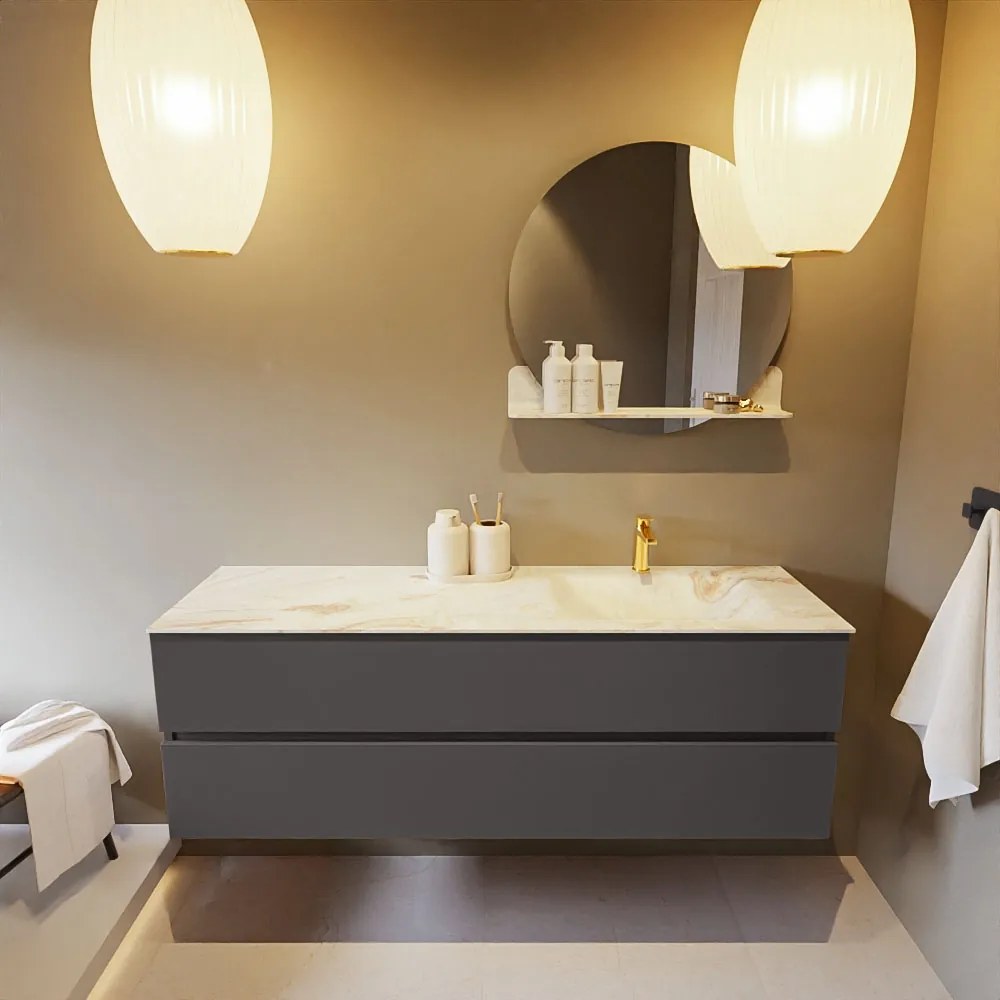 Mondiaz Vica DLux badmeubel 150cm dark grey 2 lades met wastafel frappe rechts 1 kraangat