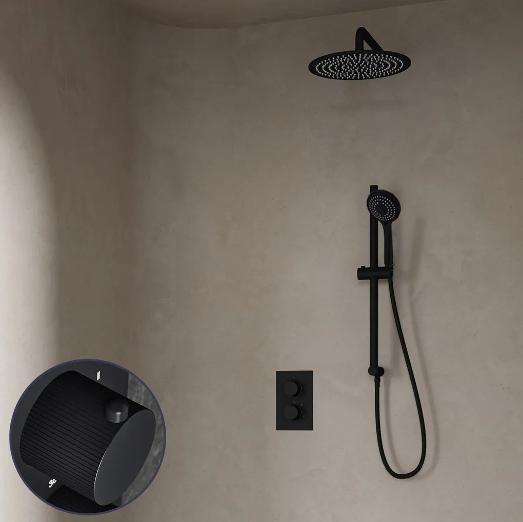 Saniclear Nero Stripes inbouw regendouche met 20cm hoofddouche, muurarm, 3 standen handdouche en glijstang zwart mat