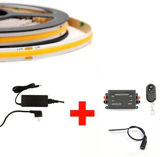 LED COB Strip Set, 5 Meter, 5 Watt/meter, Warm Wit, Met Adapter &amp; Draadloze Dimmer